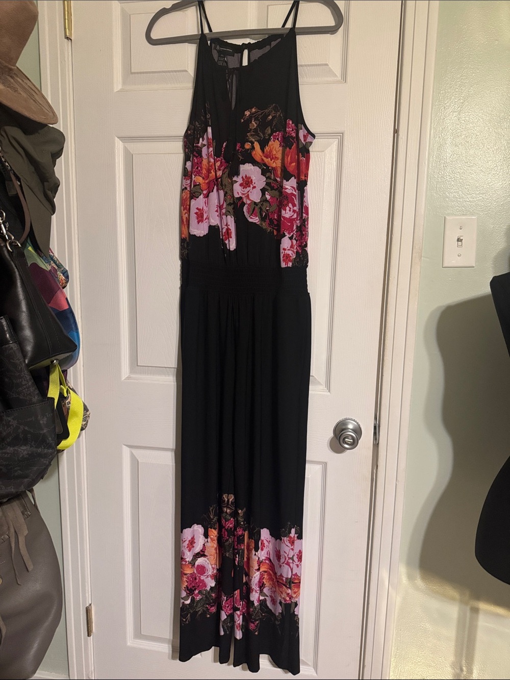 Black Floral Halter Romper with Pink & Orange Blooms